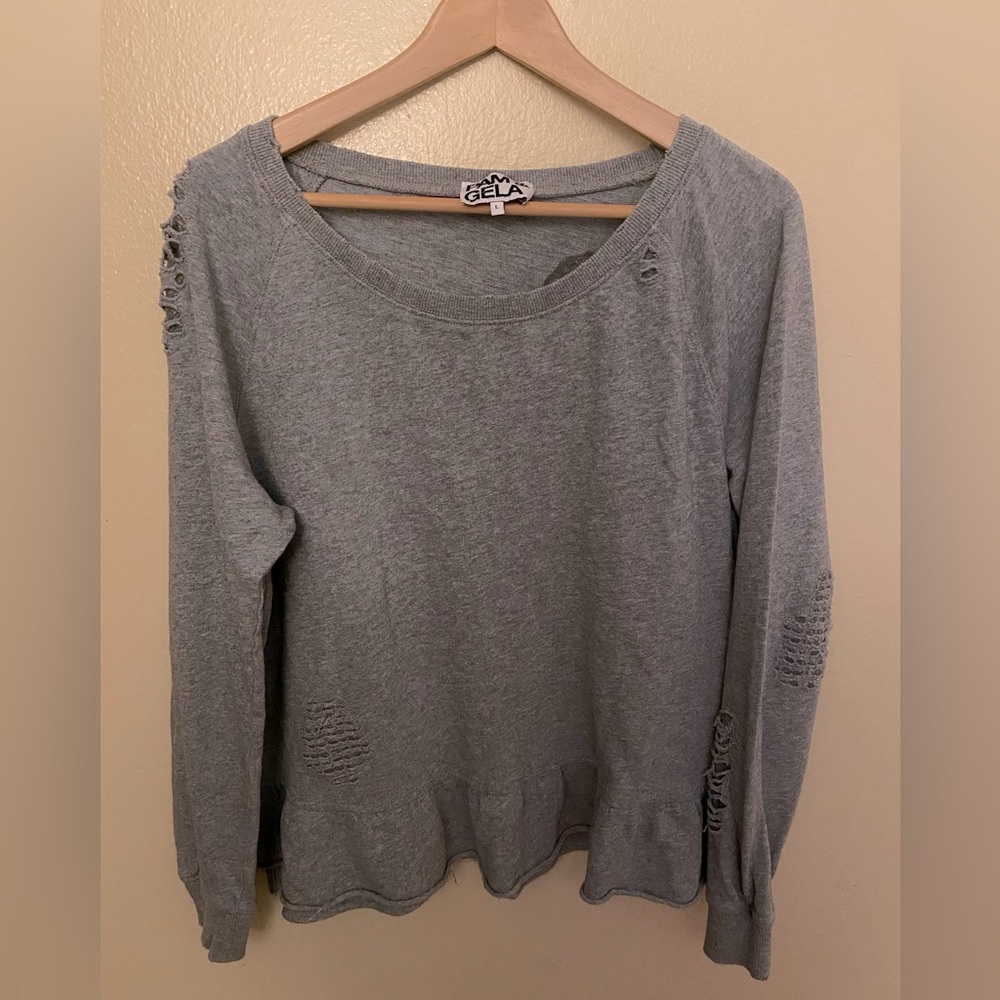 PAM & GELA Ruffle-Hem Distressed Sweatshirt